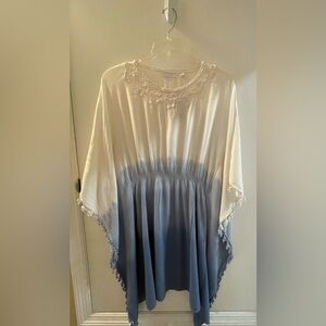 NWT NY & Co Boho Crochet Trim Cream-to-Blue Ombre Poncho Style Dress / M/L
